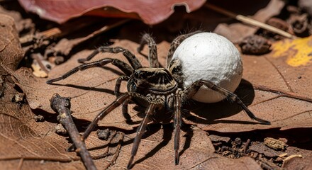 Wolf Spider carrying white egg sac macro shot on brown autumn leaves