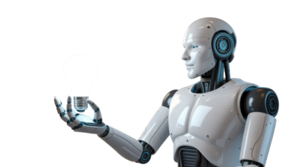A sleek white humanoid robot gently presents a glowing light bulb, symbolizing artificial intelligence, innovation, and futuristic ideas. background removed