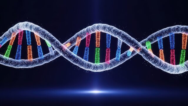 Vibrant Multicolored DNA Double Helix with Glowing Particles and Blue Light Beam genetics - Powered by Adobe