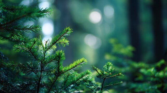 Deep forest background with lightly scattered pale-green bokeh across the top - Powered by Adobe