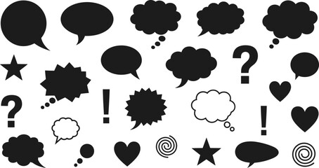 Collection of speech bubbles and symbols in black silhouette for design elements
