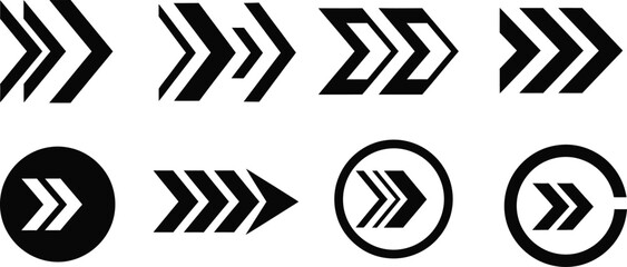 Set of black and white arrow icons pointing right in various styles