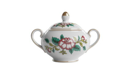 An elegant white porcelain sugar bowl with a lid, featuring delicate red and green floral patterns and luxurious gold accents, perfect for serving tea. background removed