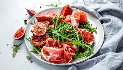 Close-up of gourmet dish with figs, cured meats, and arugula