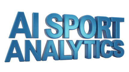 3D blue text displaying "AI SPORT ANALYTICS," representing artificial intelligence applications in sports data, performance analysis, and strategic optimization. background removed