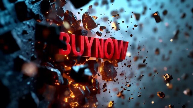Holiday shopping season. Retail business promotion concept. A dynamic, fiery explosion with the words BUY NOW prominently displayed against a backdrop of dark, rocky terrain.