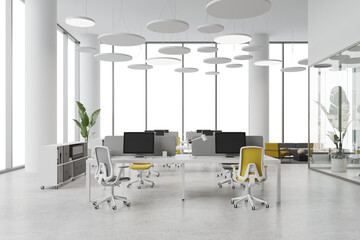 Fototapeta premium Contemporary office interior with ergonomic chairs, desks, computers and large windows, minimal design style, white background, concept of workspace. 3D Rendering