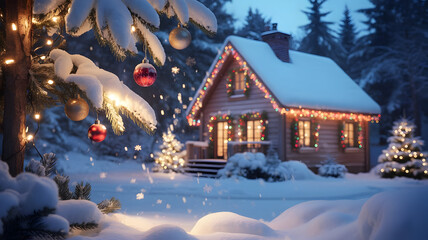Fototapeta premium Cozy illuminated wooden cabin in a snowy winter forest at night