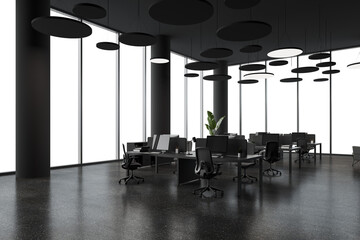 Fototapeta premium Contemporary office interior withdesks, chairs, circular ceiling lights and large transparent windows on white background, concept of empty workspace, 3D Rendering