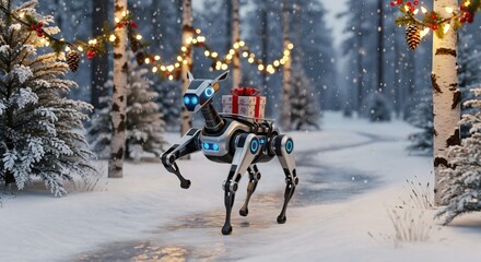 A futuristic robotic reindeer prancing through a snowy forest adorned with festive lights and a Christmas gift, embodying the essence of holiday cheer and innovation.