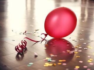 Red balloon with ribbon and confetti on reflective floor
