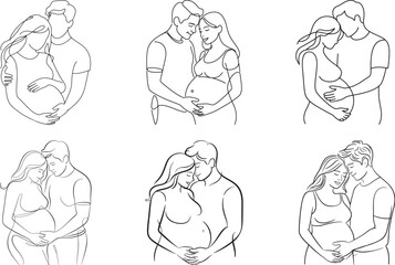 Line drawing, pregnant couple line art , Husband Hugging His Pregnant Wife line art style collection, line vector art.