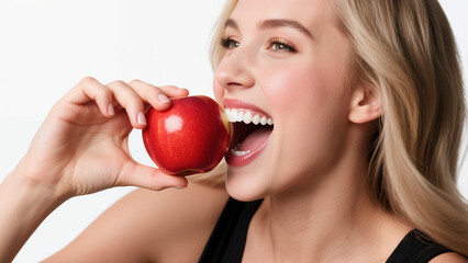 Profile of caucasian woman smiling about to bite red apple