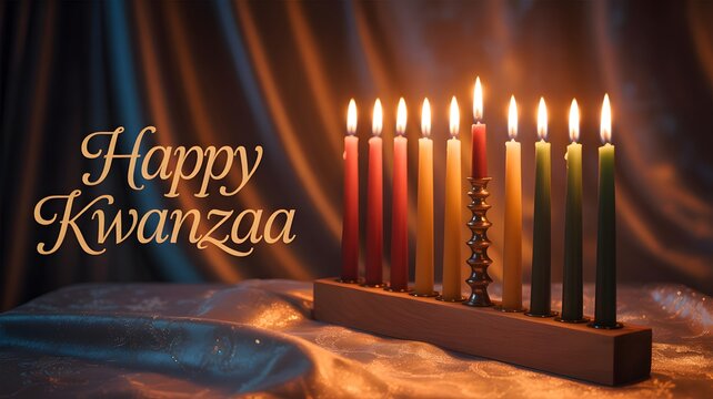 Illuminated kinara candles celebrating kwanzaa on a festive table setting - Powered by Adobe