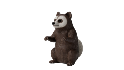 A cute, stylized brown animal figure with distinctive white and dark facial markings, resembling a raccoon or badger, standing on its hind legs. background removed