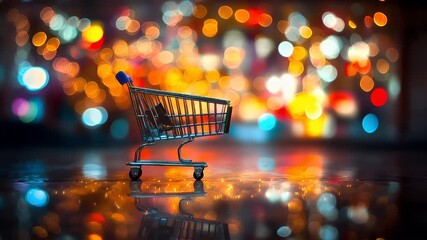 Holiday shopping season. Retail business promotion concept. A vivid, colorful depiction of a shopping cart on a wet surface, with a bokeh effect in the background.