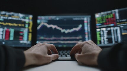 Hands typing on keyboard with stock market graphs on monitors in background