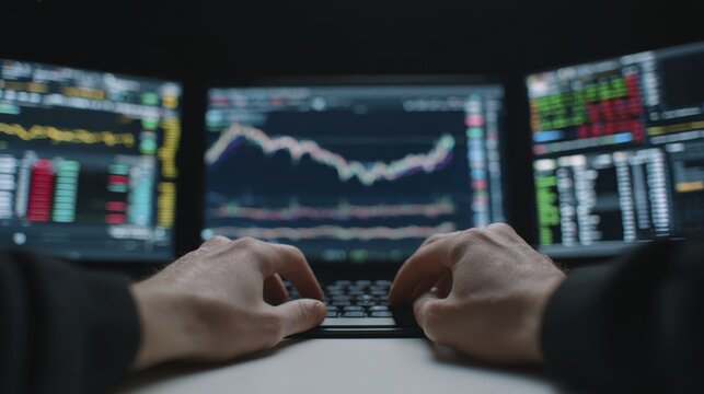 Hands typing on keyboard with stock market graphs on monitors in background
