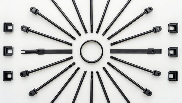 Collection of black metal fasteners arranged in a circular pattern