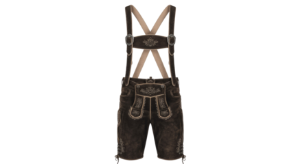 Traditional Bavarian dark brown Lederhosen with intricate white embroidery and suspenders, perfect for Oktoberfest and cultural celebrations. background removed