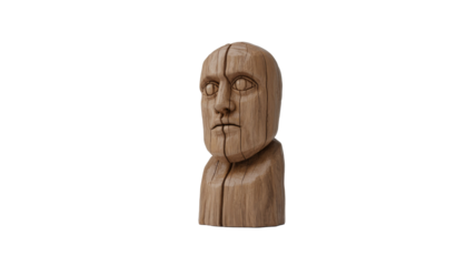 A raw wooden sculpture of a stylized human head, featuring visible grain and vertical cracks, depicted on a plain transparent background. background removed
