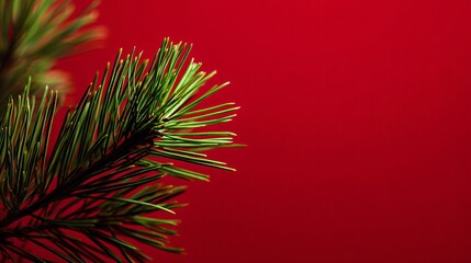 Minimalist bright-red background with a tiny green pine-needle cluster in a bottom corner