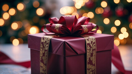 Obraz premium Elegant Christmas Gift Box with Red Ribbon and Golden Decorations