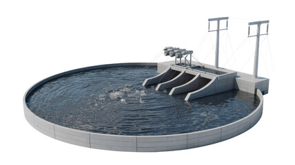 3D render of a circular water treatment or purification plant with aeration, concrete structures, and power transmission lines. background removed