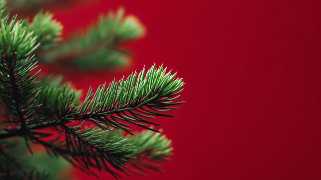Minimalist bright-red background with a tiny green pine-needle cluster in a bottom corner - Powered by Adobe