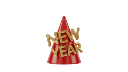 A festive red party hat featuring golden 3D 'NEW YEAR' text, perfect for celebrations and holiday greetings. background removed
