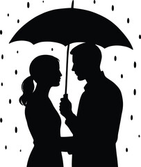 silhouette of a young couple standing under an umbrella in the rain