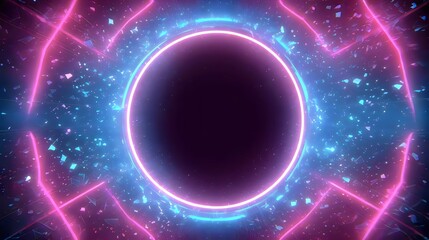 Abstract glowing neon circle with pink and blue light trails modern futuristic background for technology and science concepts with copy space