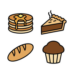 Baked Goods and Breakfast Icon Set: Pancakes, Pie, Bread, and Muffin Clipart