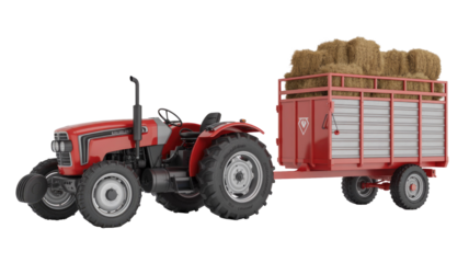 A vibrant red tractor is pulling a matching red trailer filled with golden hay bales, presented on a transparent background. background removed