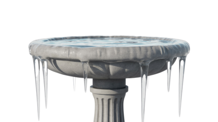 A rustic stone bird bath bowl filled with water, featuring delicate icicles hanging from its frozen edge against a clean background. background removed