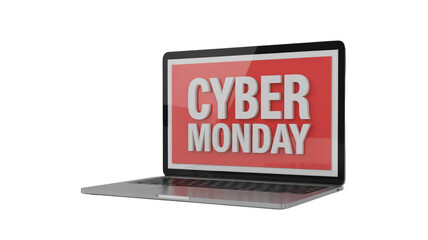 Modern laptop with 'CYBER MONDAY' sale message on screen. Ideal for showcasing digital shopping deals and holiday promotions. background removed