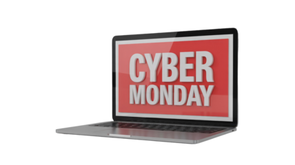 Modern laptop with 'CYBER MONDAY' sale message on screen. Ideal for showcasing digital shopping deals and holiday promotions. background removed