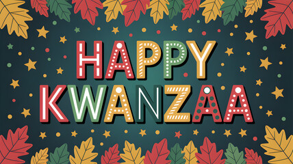 Colorful happy kwanzaa celebration design with festive leaves and stars background