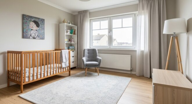 Light, cozy nursery with wooden crib and gray chair