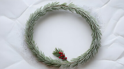 Christmas wreath with frosted pine branch and red berry on white