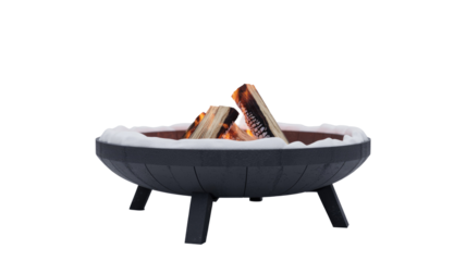 A black fire pit filled with snow and glowing logs, ready for a warm winter evening. Isolated on a transparent background. background removed