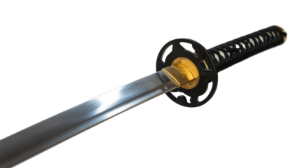 Close-up of a traditional Japanese katana sword, highlighting its sharp blade, black tsuba, golden habaki, and intricately wrapped handle. background removed
