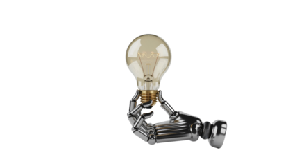 A shiny metallic robot hand gently holds a classic incandescent light bulb, symbolizing artificial intelligence, innovation, and technological ideas. background removed