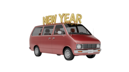 A vintage red minivan adorned with golden 'NEW YEAR' balloon letters on its roof, ready for festive journeys or holiday deliveries. background removed