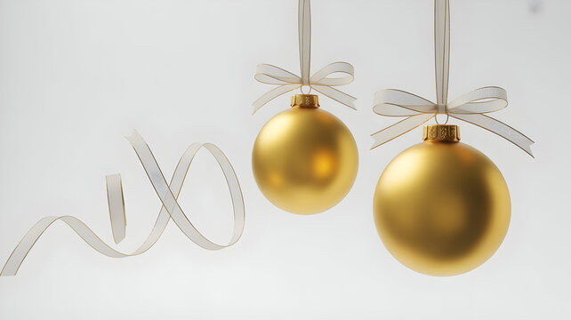 Two golden christmas ornament baubles hanging with ribbon isolated on white background