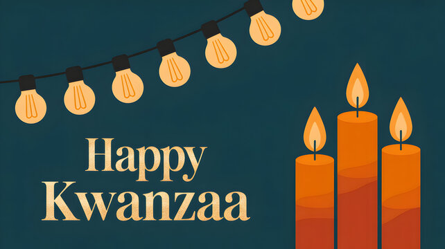Happy kwanzaa celebration with candles and string lights on teal background