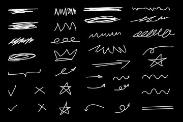 Hand drawn doodle brush lines vector image pack. Line Pencil crayon arrows, cross sign, text quote frames, stars, check, mark icons set emphasis elements infographic. Hand drawn scribble decoration.