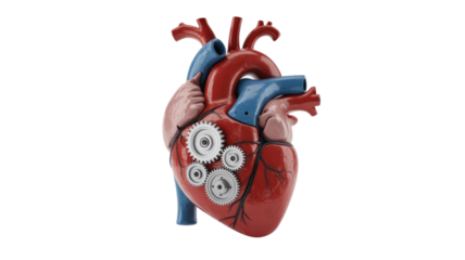A 3D rendered human heart featuring intricate mechanical gears, symbolizing the complexity, precision, and vital functionality of biological systems. background removed