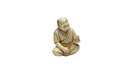 An antique ivory-colored figurine of a smiling old man, possibly a monk, sitting cross-legged and playing a stringed instrument. background removed