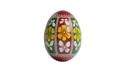 A vibrant Easter egg decorated with traditional red, green, yellow, and white floral patterns. Perfect for spring and holiday themes. background removed